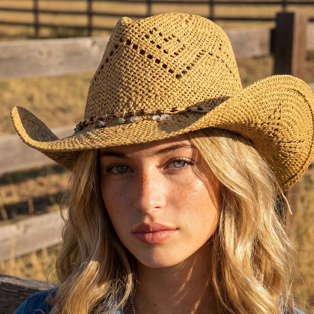 Beaded Strap Straw Cowboy Hat: KA