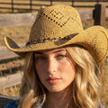 Beaded Strap Straw Cowboy Hat: KA