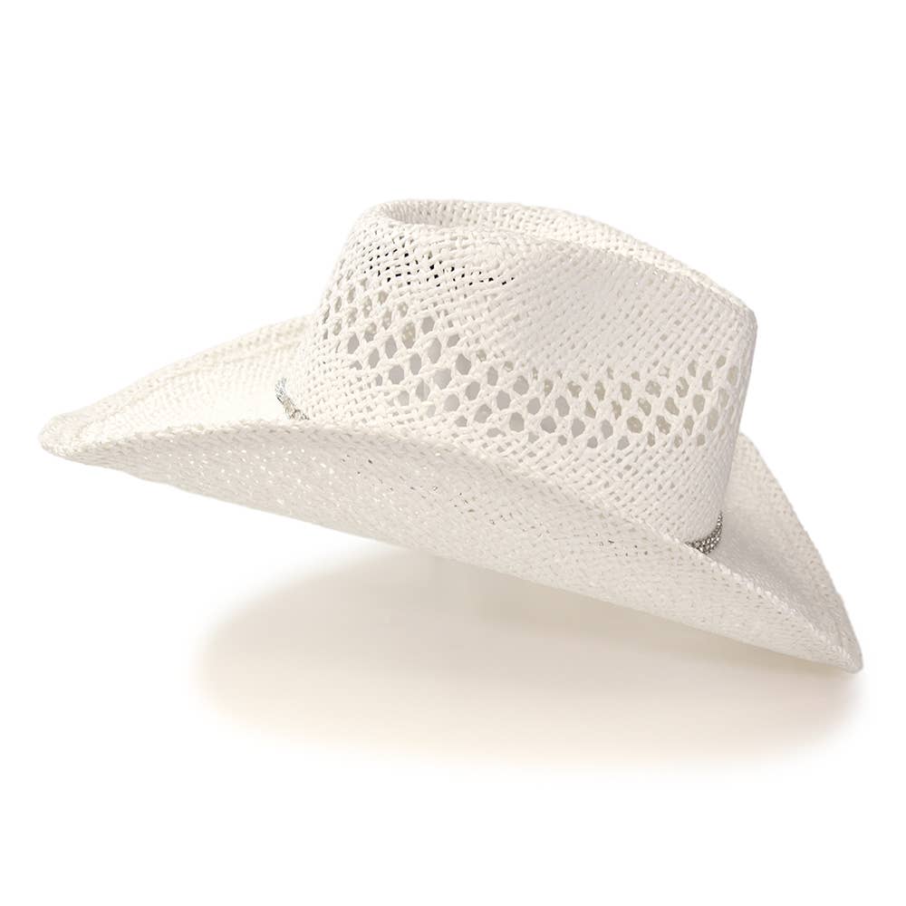 White Twisted Straw Western Hat with Rhinestone Band: L/XL