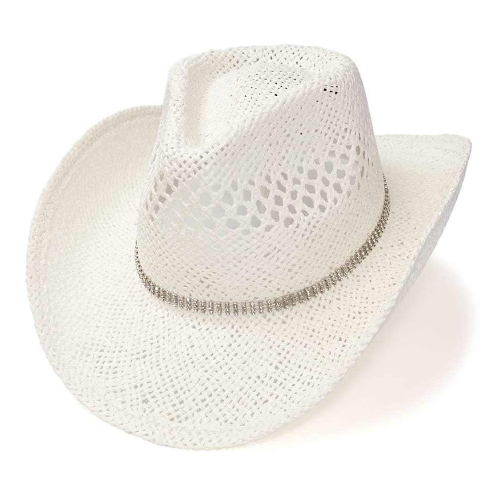 White Twisted Straw Western Hat with Rhinestone Band: L/XL
