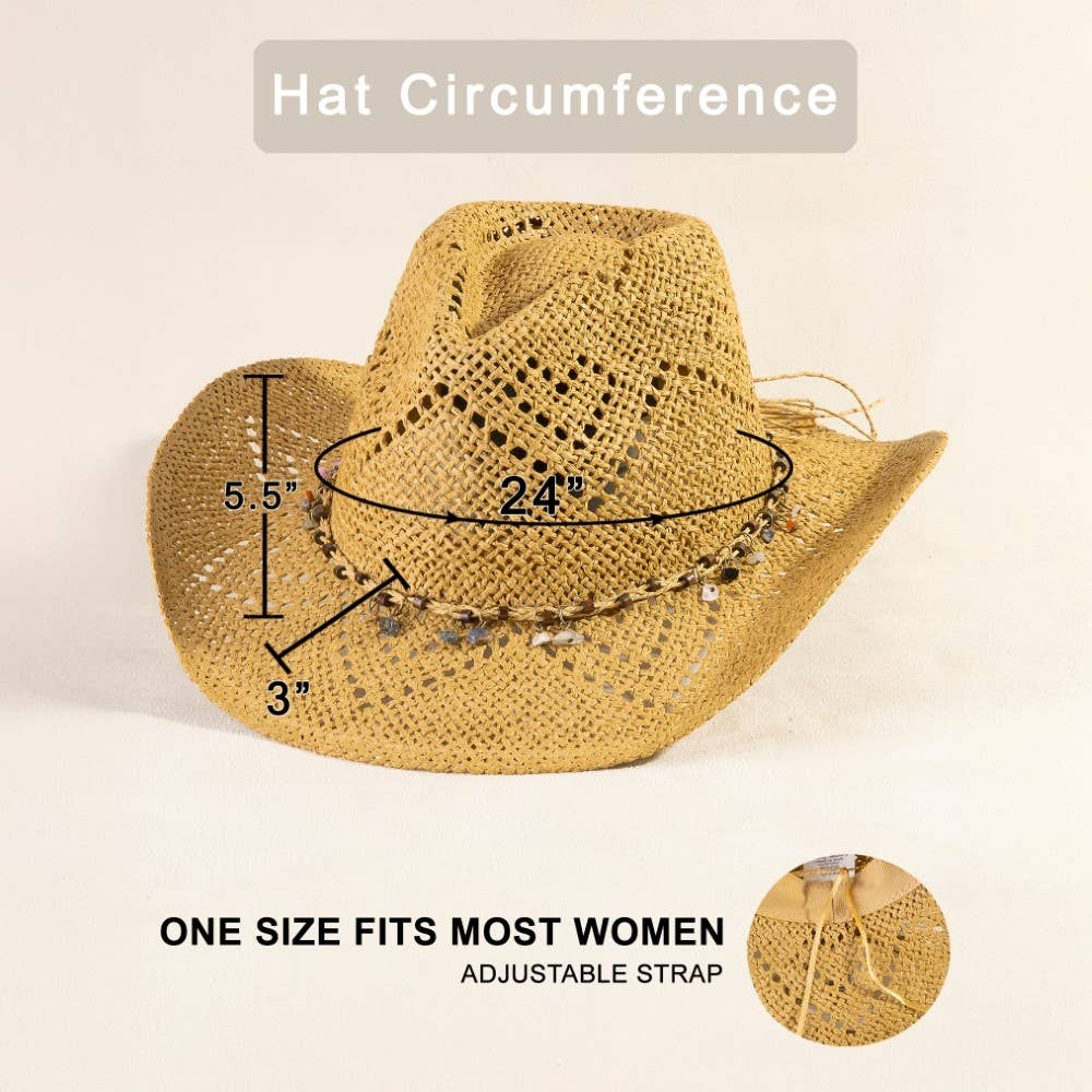 Beaded Strap Straw Cowboy Hat: KA