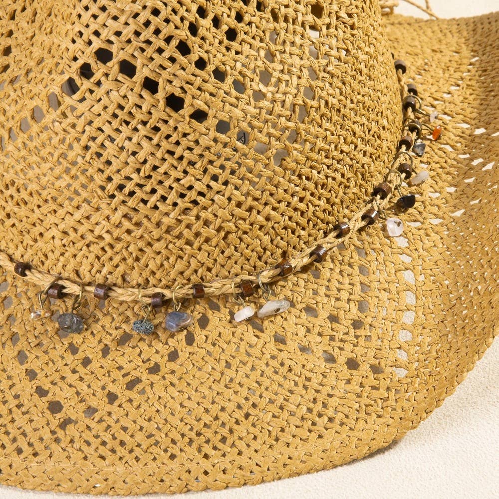 Beaded Strap Straw Cowboy Hat: KA