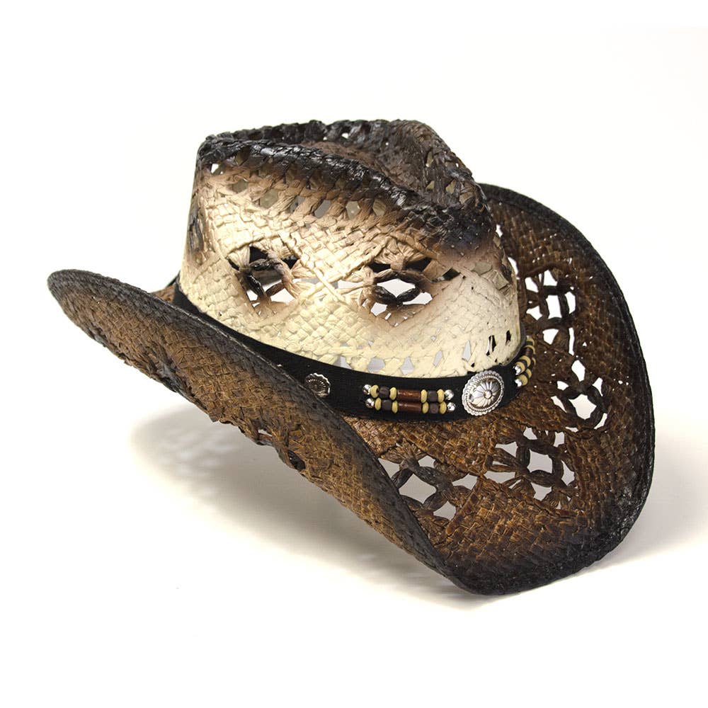 Brown Straw Western Pinch Front Hat: L/XL
