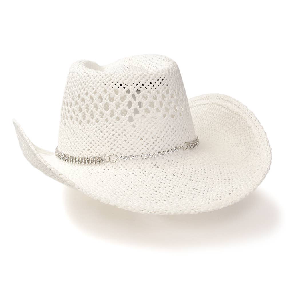 White Twisted Straw Western Hat with Rhinestone Band: L/XL