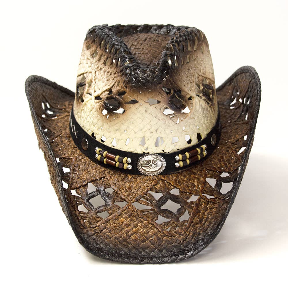 Brown Straw Western Pinch Front Hat: L/XL