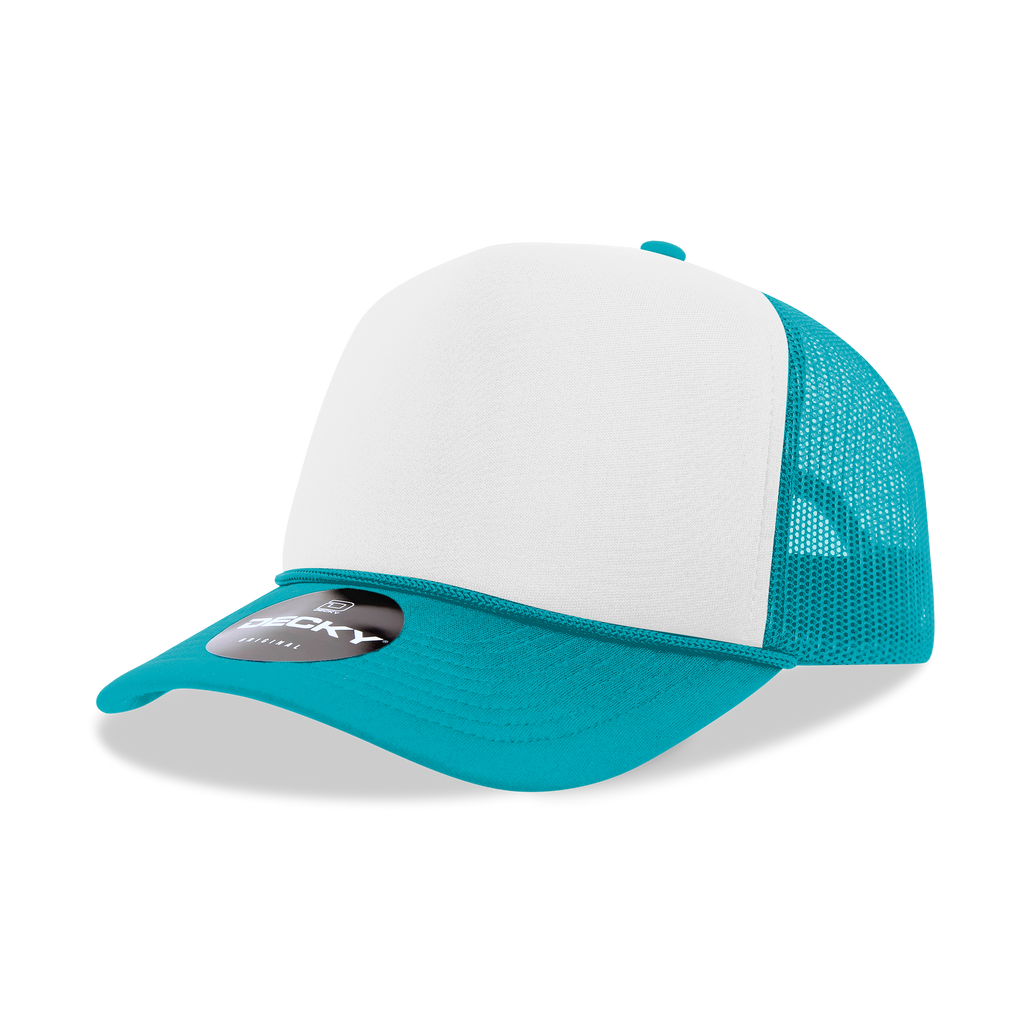 Decky 6025 Mid Profile, 5 Panel Foam Trucker Hat: Teal/White