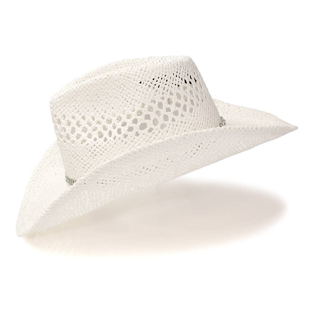 White Twisted Straw Western Hat with Rhinestone Band: L/XL