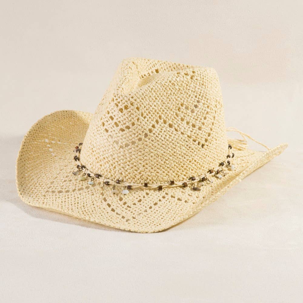 Beaded Strap Straw Cowboy Hat: KA