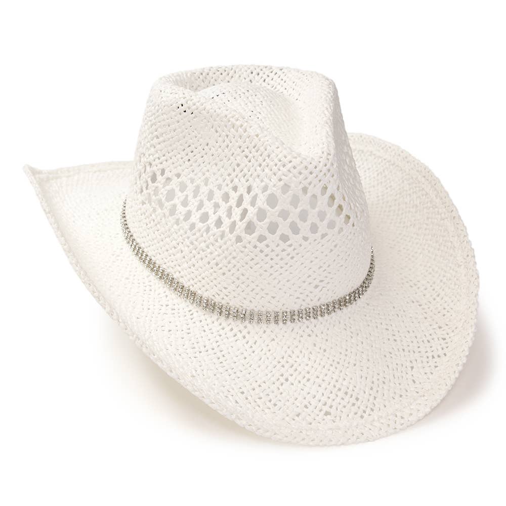White Twisted Straw Western Hat with Rhinestone Band: L/XL
