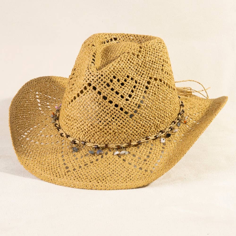 Beaded Strap Straw Cowboy Hat: KA