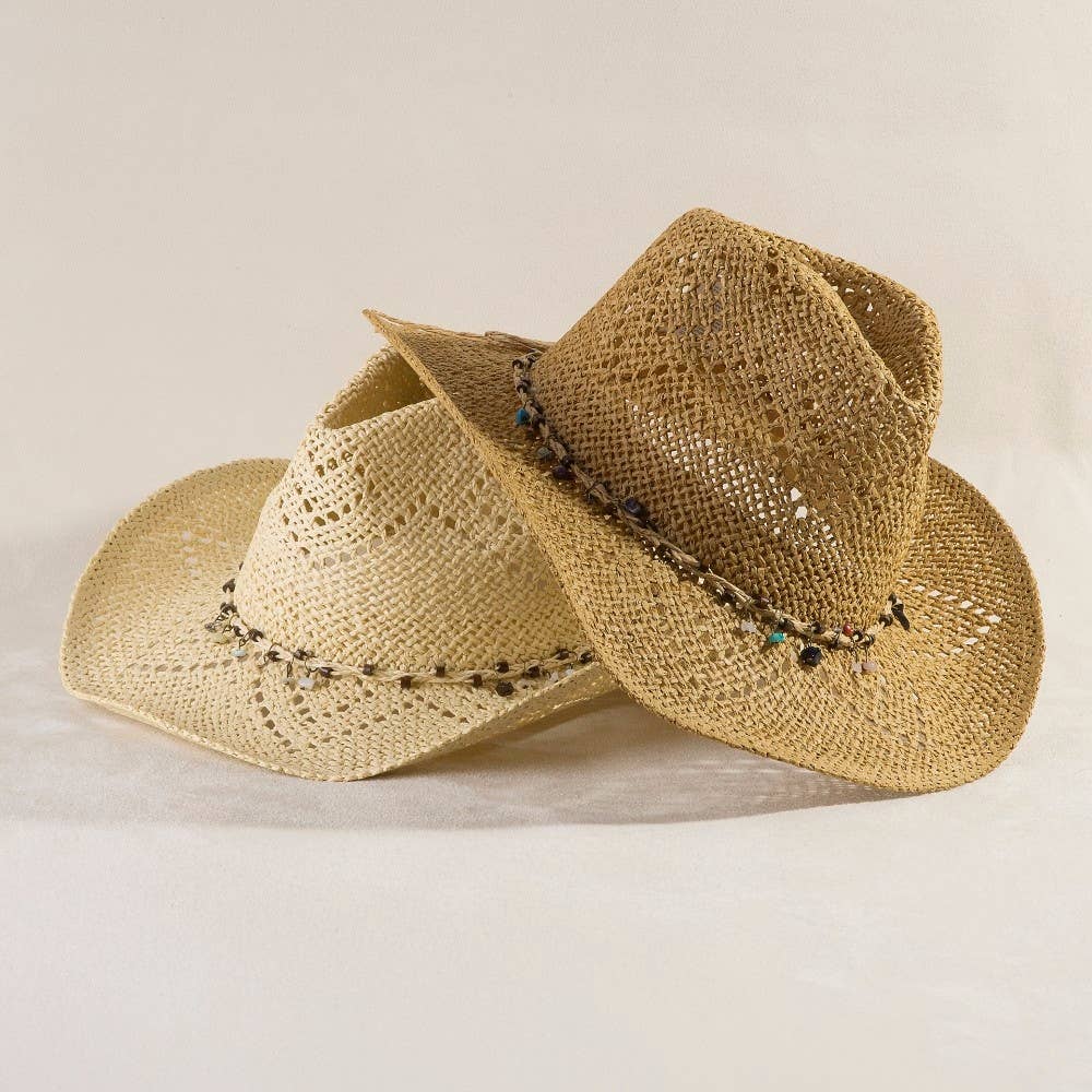 Beaded Strap Straw Cowboy Hat: KA