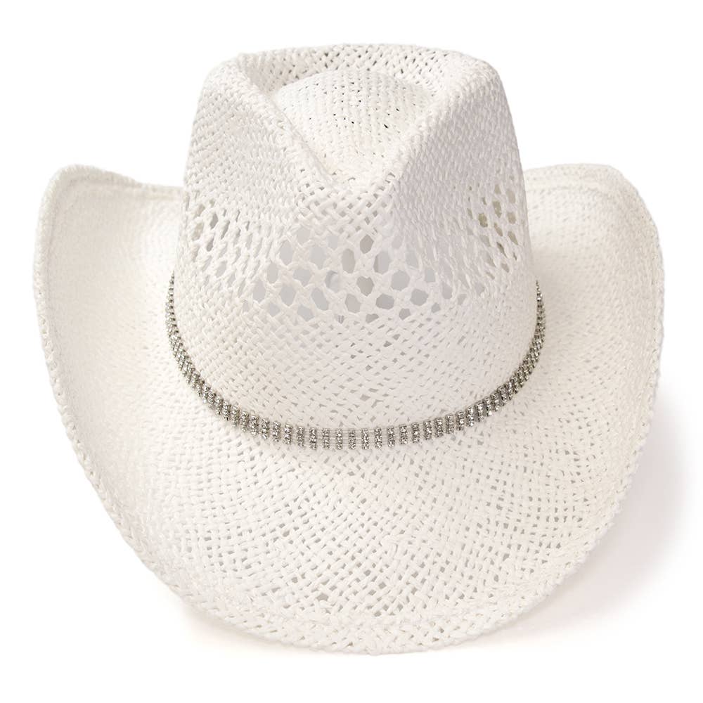 White Twisted Straw Western Hat with Rhinestone Band: L/XL